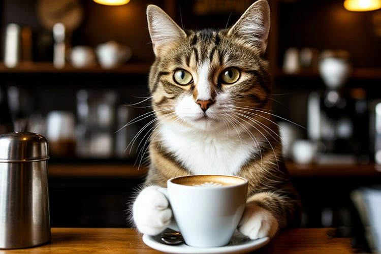 кот с чашкой кофе