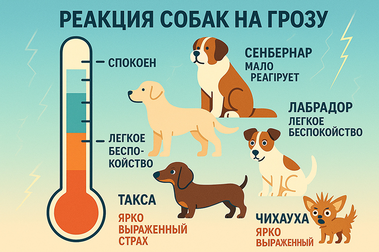 Инфографика: шкала страха собак перед грозой. Сравнение реакций пород от сенбернара до чихуахуа. Как определить уровень стресса у вашего питомца.