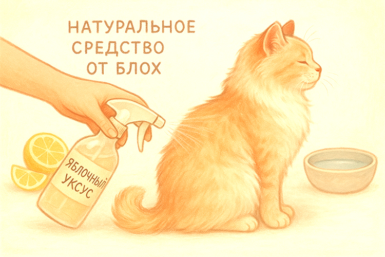 Обработка шерсти кошки яблочным уксусом из пульверизатора, рядом — миска с водой и лимон.