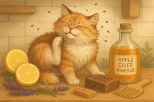 Кошка чешется, рядом натуральные средства от блох: лимон, дегтярное мыло, уксус, лаванда и гребень.