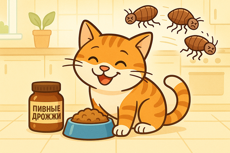 Кошка ест корм с добавлением пивных дрожжей, блохи бегут прочь.