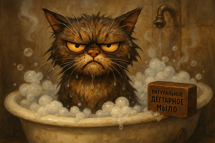 Недовольная кошка в ванне с пузырями и куском дегтярного мыла рядом.