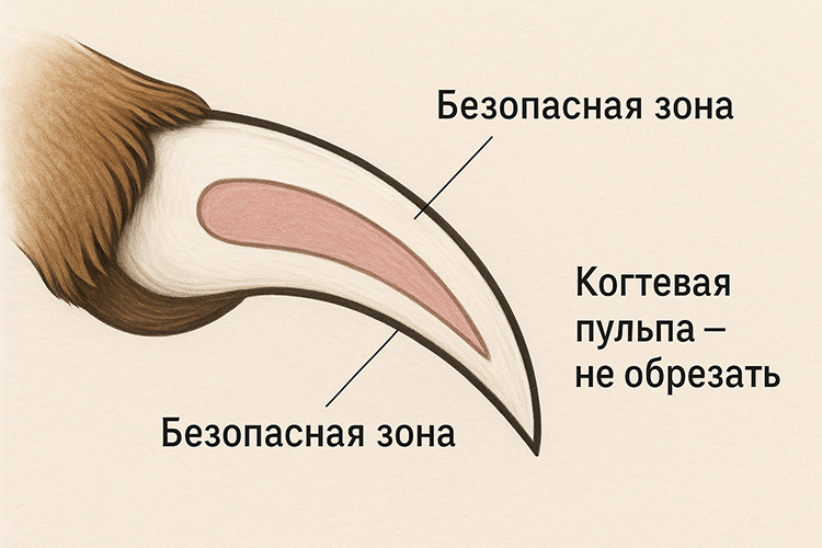 Схема когтя собаки с безопасной зоной для стрижки и пульпой