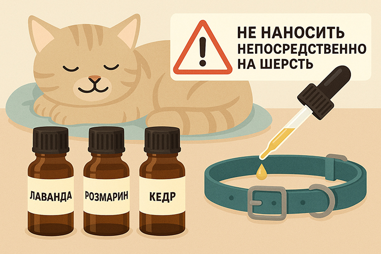 Флаконы эфирных масел (лаванда, розмарин, кедр) и капли на тканевый ошейник для кошки.