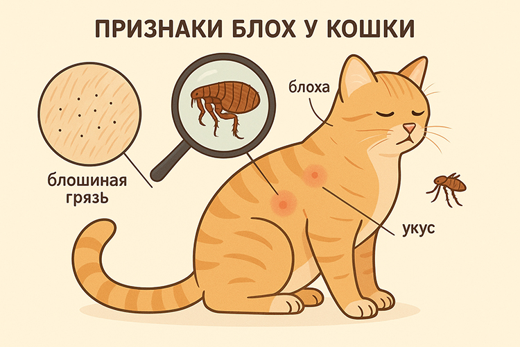 Схема признаков блох у кошки: чёрные точки на шерсти, прыгающие насекомые и зуд.