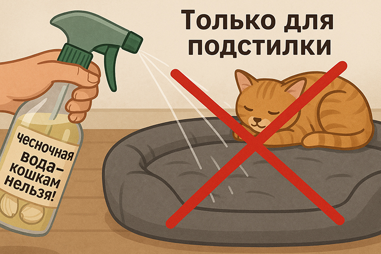 Настой чеснока используется для опрыскивания кошачьей лежанки, кошка спит рядом.