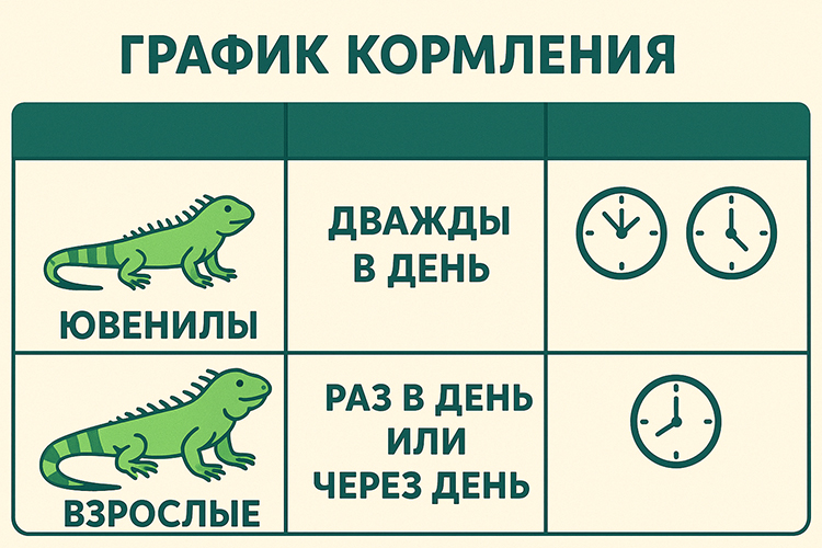 Схема кормления игуан в зависимости от возраста: дважды в день для молодых и один раз в день для взрослых
