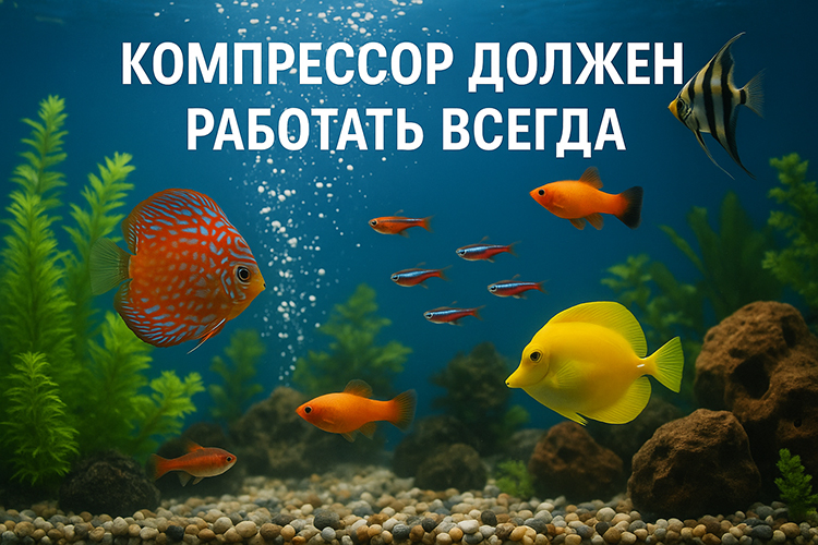 доровые рыбы в аквариуме с работающим компрессором