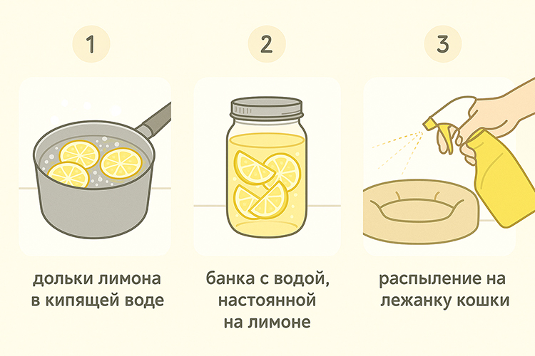 Инфографика: варка лимона, процеживание и опрыскивание лежанки лимонным отваром.