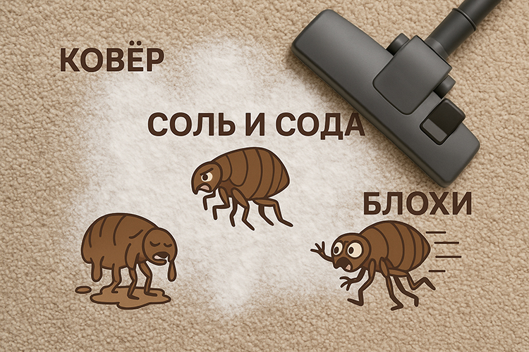 Смесь соли и соды рассыпана по ковру, блохи уничтожаются, рядом пылесос.